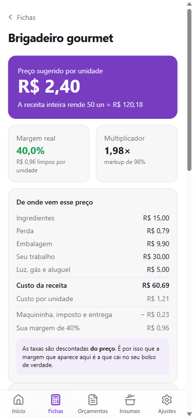 Tela do LiliCalc mostrando o preço sugerido de um brigadeiro